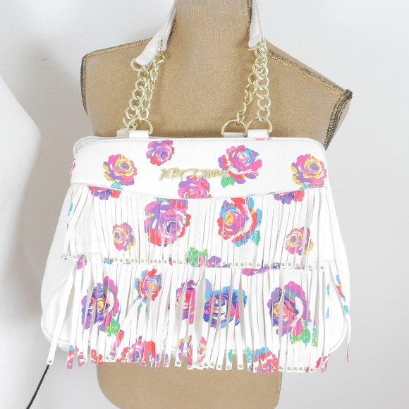 Betsey Johnson White Faux Leather Floral Rose Fringe Gold Chain Shoulder Bag - Picture 1 of 16